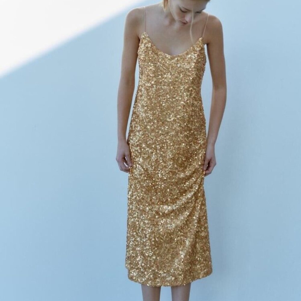 ZARA LIMITED EDITION SEQUIN KNIT SLIP DRESS GOLD Size M NEW With TAGS